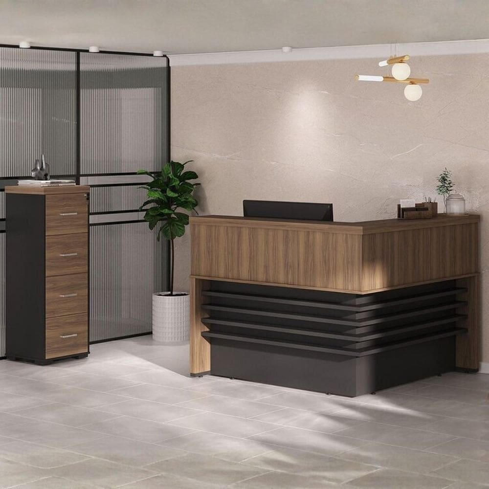 Balcão de Atendimento em L com Gaveteiro de 4 Gavetas Nogal/Preto