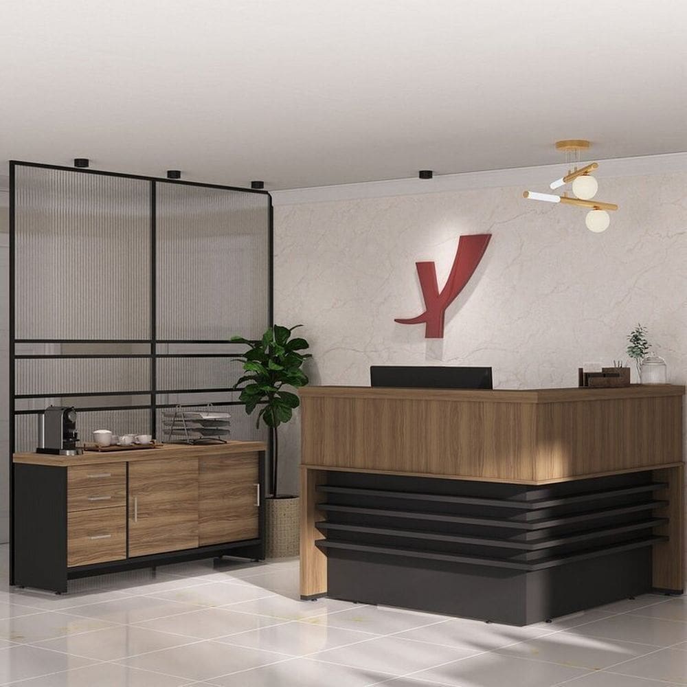 Conjunto Recepção Balcão de Atendimento e Balcão Tamburato com 3 Gavetas Nogal/Preto