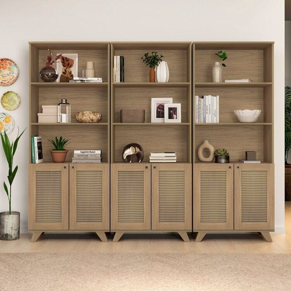 Conjunto de 3 Estantes 6 Portas com Resistentes Dobradiça de Metal Trama Carvalho