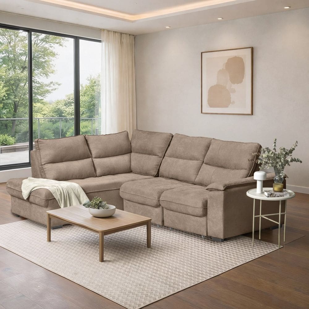 Sofá de Canto Retrátil Chaise Lado Direito 4 Lugares Nest Cabecasa Madeiraoriginals Bege
