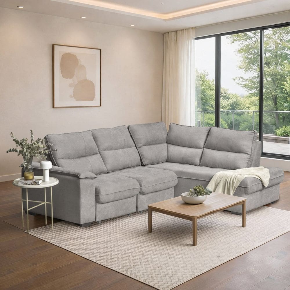 Sofá de Canto Retrátil Chaise Lado Esquerdo 4 Lugares Nest Cabecasa Madeiraoriginals Cinza