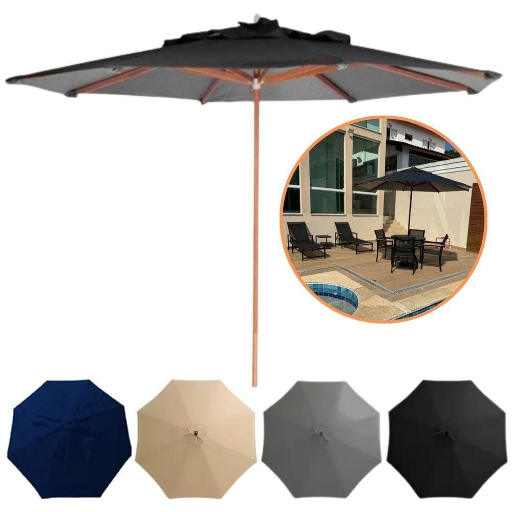 Guarda Sol Ombrelone Madeira 3m Com Proteção Uv Para Piscina Jardim Preto