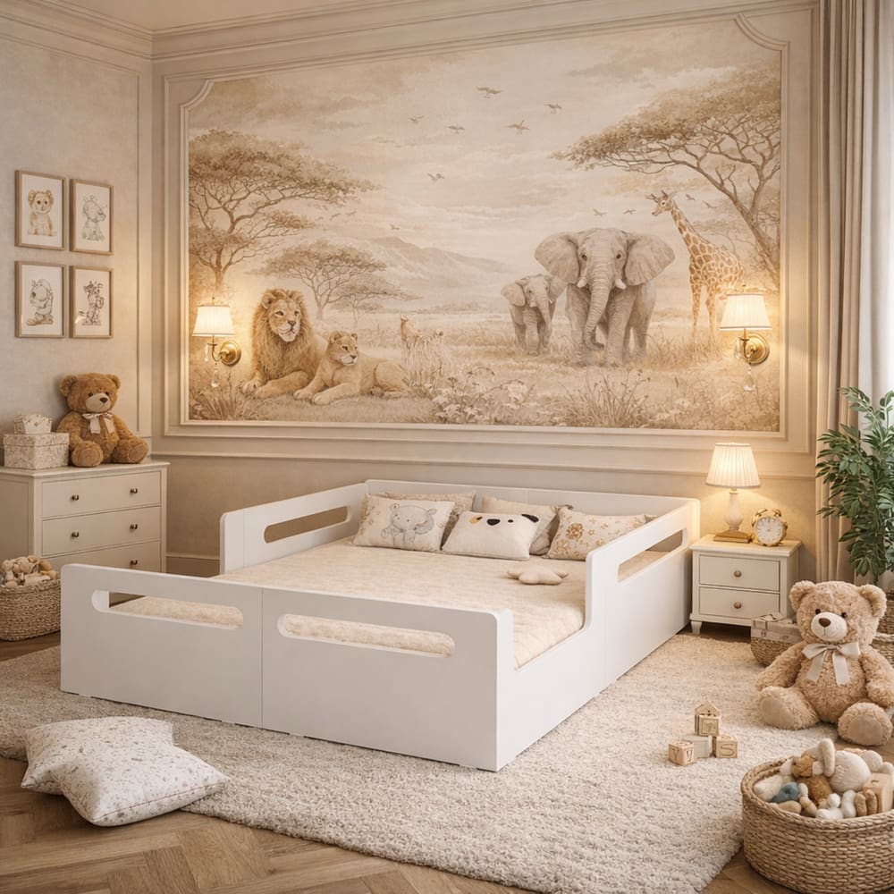 Cama Casal Montessoriana Baixa Para Quarto Infantil Com Proteção Lateral em Mdf