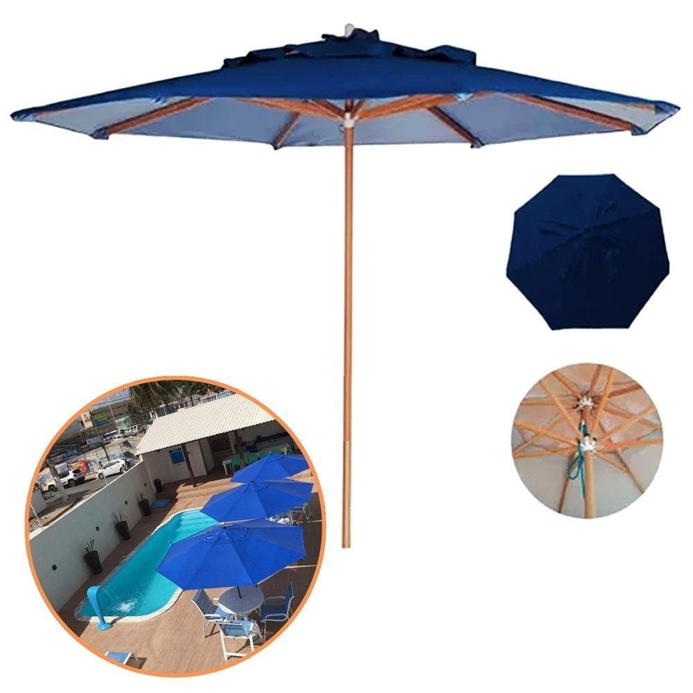 Guarda Sol Ombrelone Madeira 3m Com Proteção Uv Para Piscina Jardim Azul
