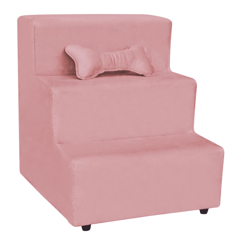 Escada Escadinha Para Pet 3 Degraus Com Osso Cor Rosa Veludo Liberty Móveis
