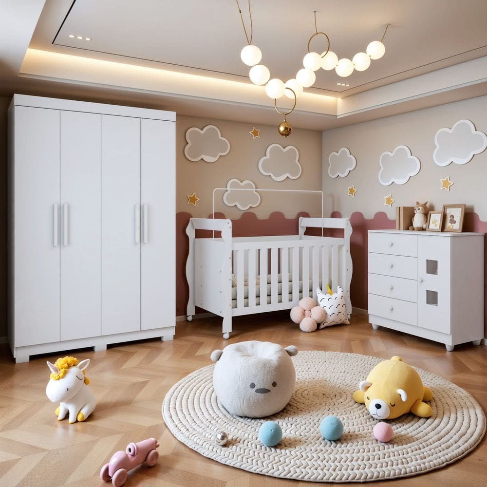 Quarto de Bebê Completo com Guarda-roupa, Berço e Cômoda Lipe em MDF