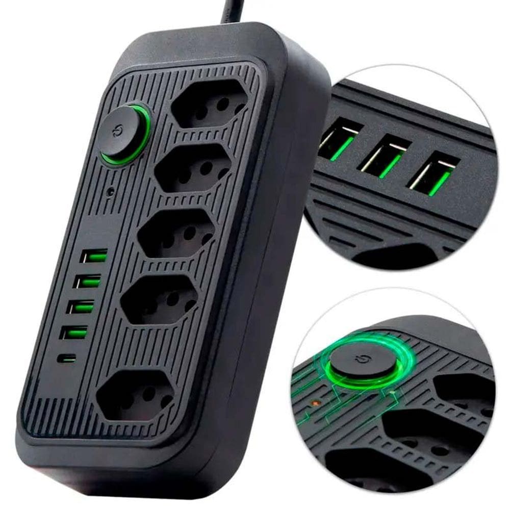 Filtro de Linha + DPS Regua De Energia Com 3 USB e 5 Tomadas 3P Bivolt Universal C/ Protetor Descarga de Energia Cabo 2m