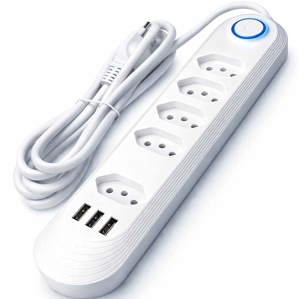 Filtro de Linha + DPS Regua De Energia Com 3 USB e 5 Tomadas 3P Bivolt Universal C/ Protetor Descarga de Energia Cabo 2m