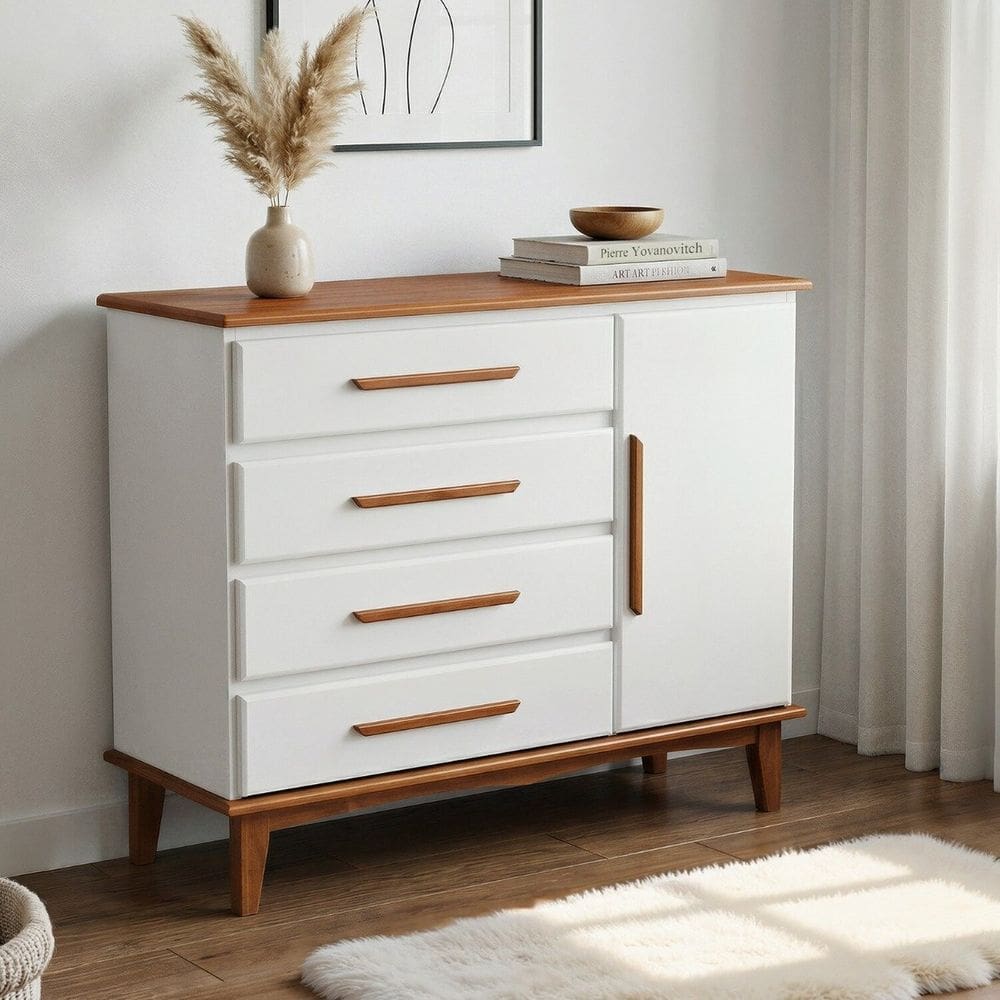 Cômoda 4 Gavetas e 1 Porta em Madeira Maciça de Pinus com Corrediças Telescópicas Castanho Claro