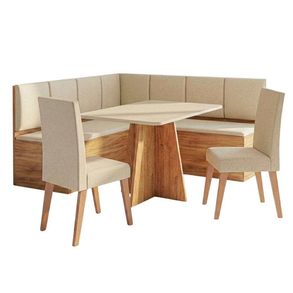 Conjunto Sala de Jantar Canto Alemão com Mesa Moove e 2 Cadeiras Linho Creme Viero