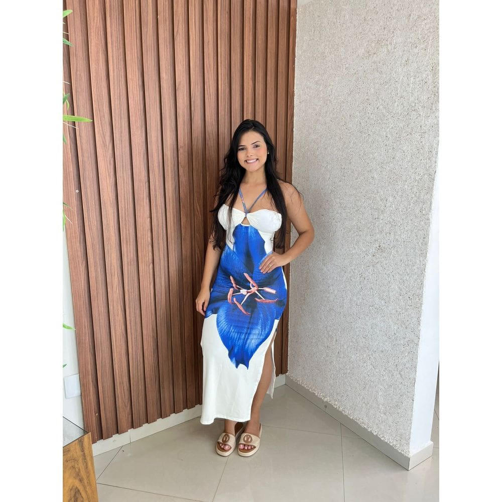 Vestido Longo Com Bojo Estampado Amarração Costa Malha Crisconf