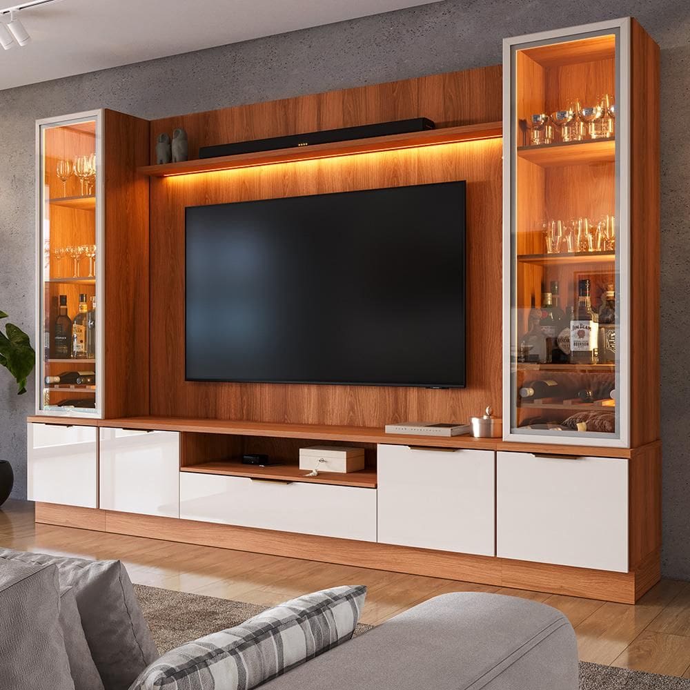 Home Noble 2,70m Para TV 75” Com 2 Cristaleiras LED E Portas Reflecta Sala Completa