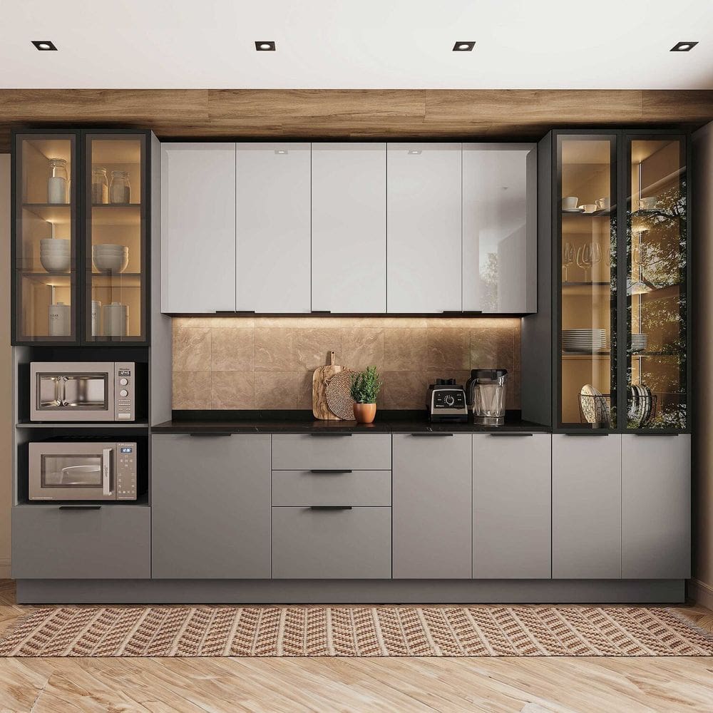 Cozinha Telasul Lumina 6 Peças com Paneleiro para Forno e Micro com Vidro Fumê e Iluminação Cinza