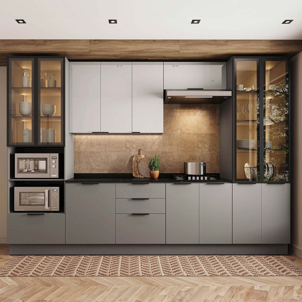 Cozinha 6 Peças com Paneleiro para Forno e Micro-ondas com Vidro Fumê e Iluminação Lumina Cinza