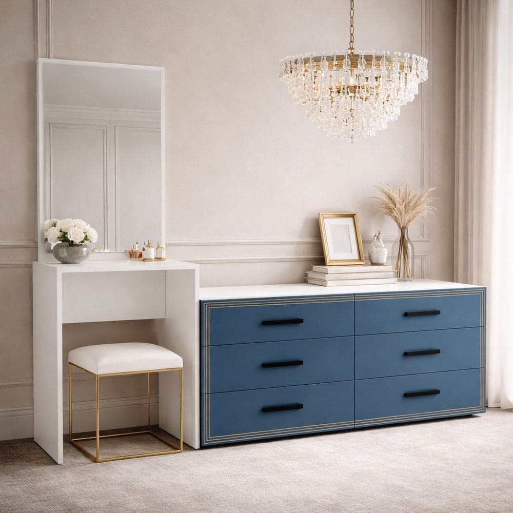 Cômoda Penteadeira 6 Gavetas Valência Azul/Branco
