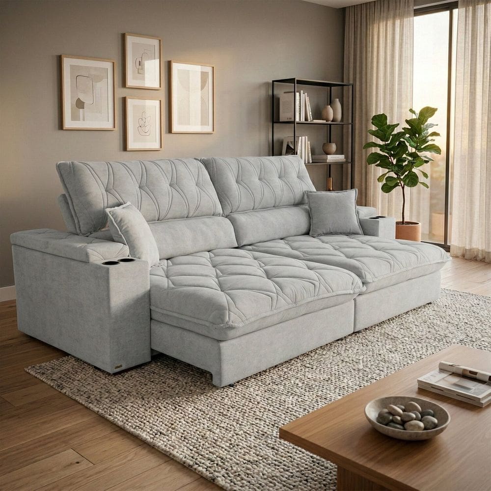 Estofado Retratil Reclinavel Sublime 2,60m Boucle Cinza