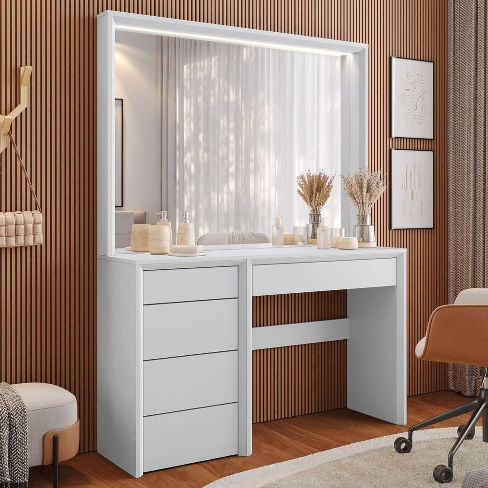 Penteadeira 5 Gavetas Prime 100% Mdf com Espelho Branco Acetinado