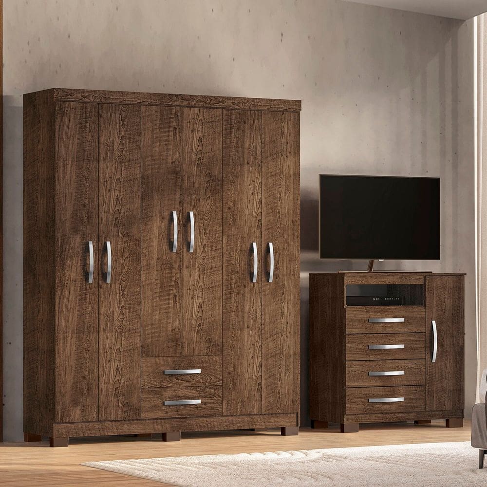 Guarda-Roupa 6 Portas 2 Gavetas e Cômoda Sapateira 4 Gavetas Itapema Malbec