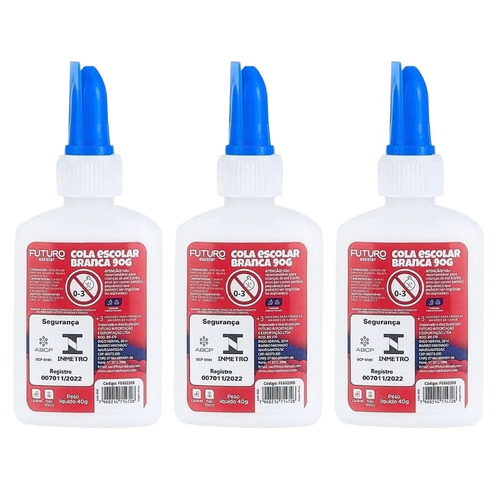 Kit 03 Cola Branca Escolar 40gramas Futuro  - Colas Branca Liquida 40g - PANAMI