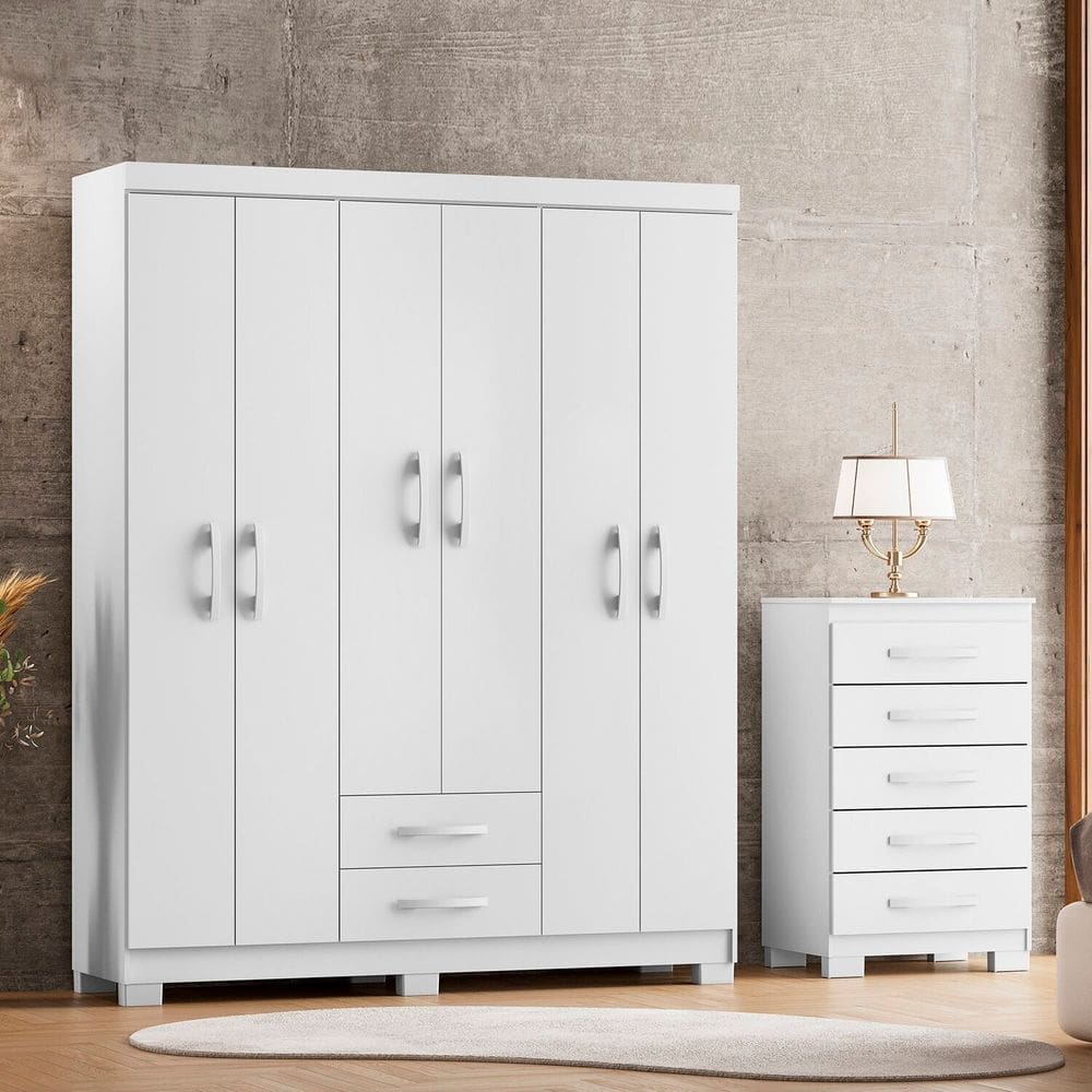 Guarda-Roupa Casal 6 Portas 2 Gavetas e Cômoda 5 Gavetas Itapema Branco