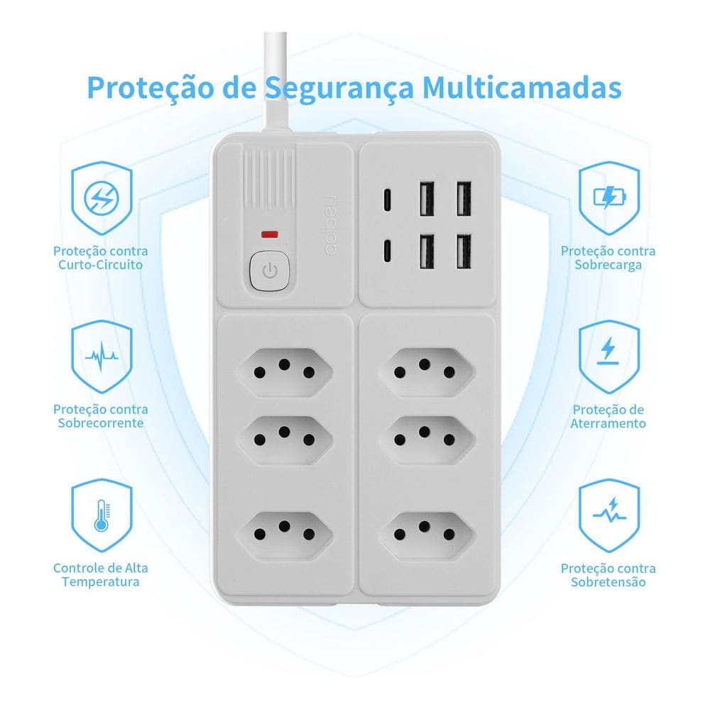 Extensão 6 Tomadas 4 Usb 2 Type-c Proteção Infantil Bivolt WKC-HY502-WD