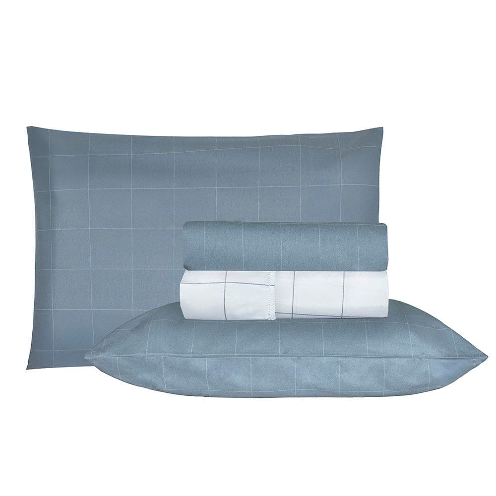 Jogo de Cama Duplo Casal 4 Peças Percal 180 Fios Grid Azul Sonhare Prata