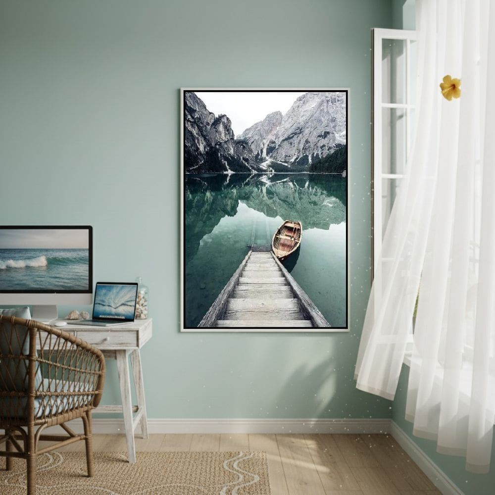 Quadro Decorativo Bote No Lago 70x50cm Mold Preta