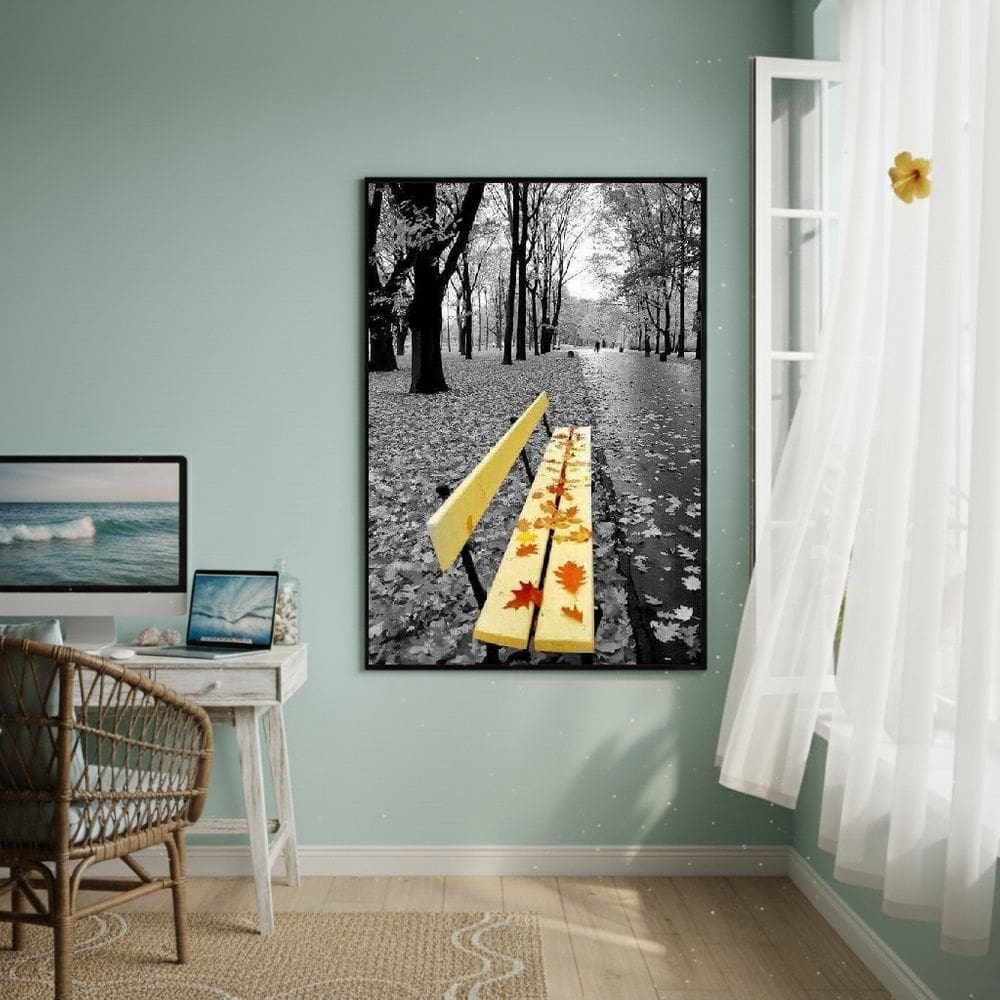 Quadro Decorativo Banco Amarelo 70x50cm Mold Preta