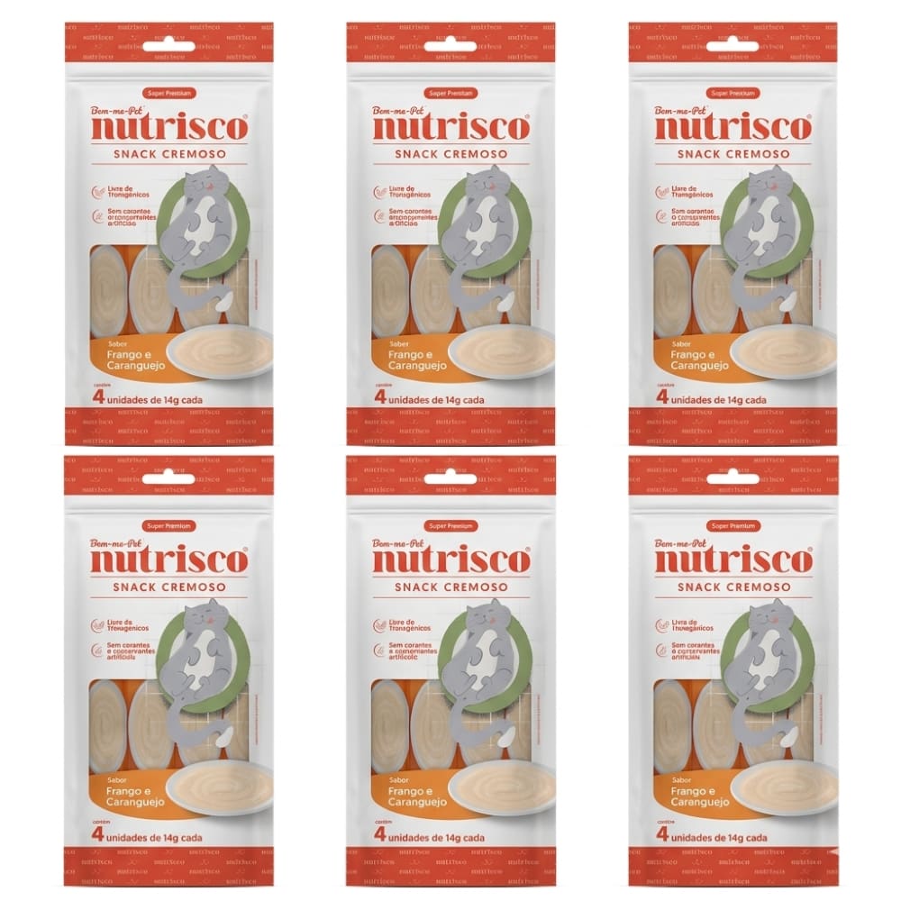 Kit Petisco Gatos Snack Cremoso Nutrisco Frango e Caranguejo 56g C/6 Unidades