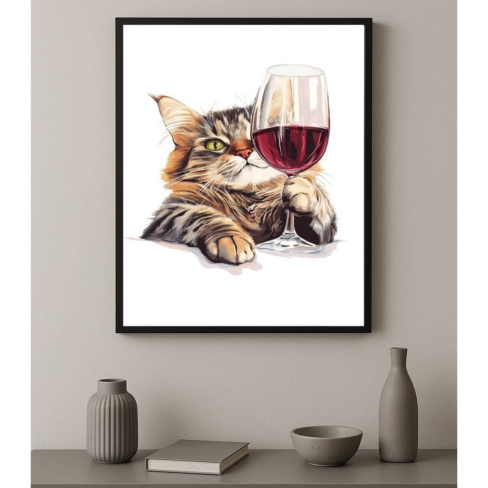 Quadro Decorativo Vinho - Gato Com Taça 33x24cm