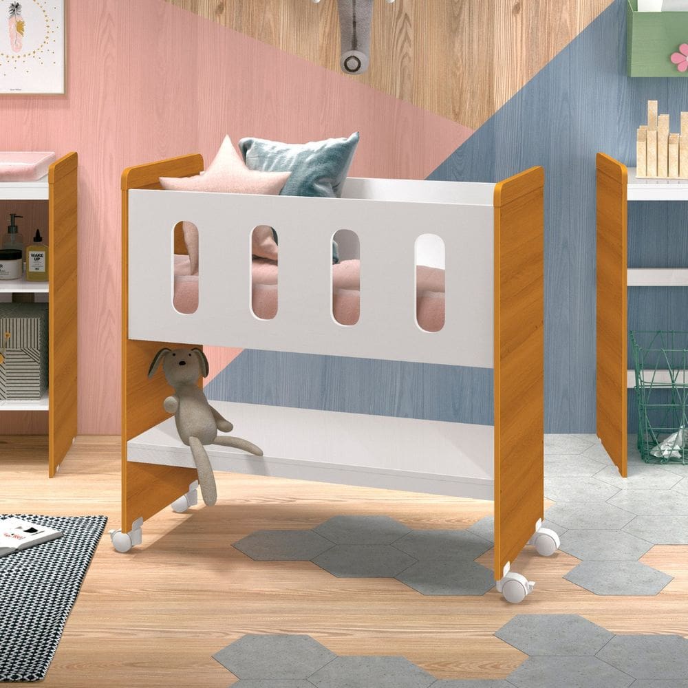 Mini Berço 3 em 1 93cm X 94cm Escrivaninha e Trocador Zain Branco/Savana