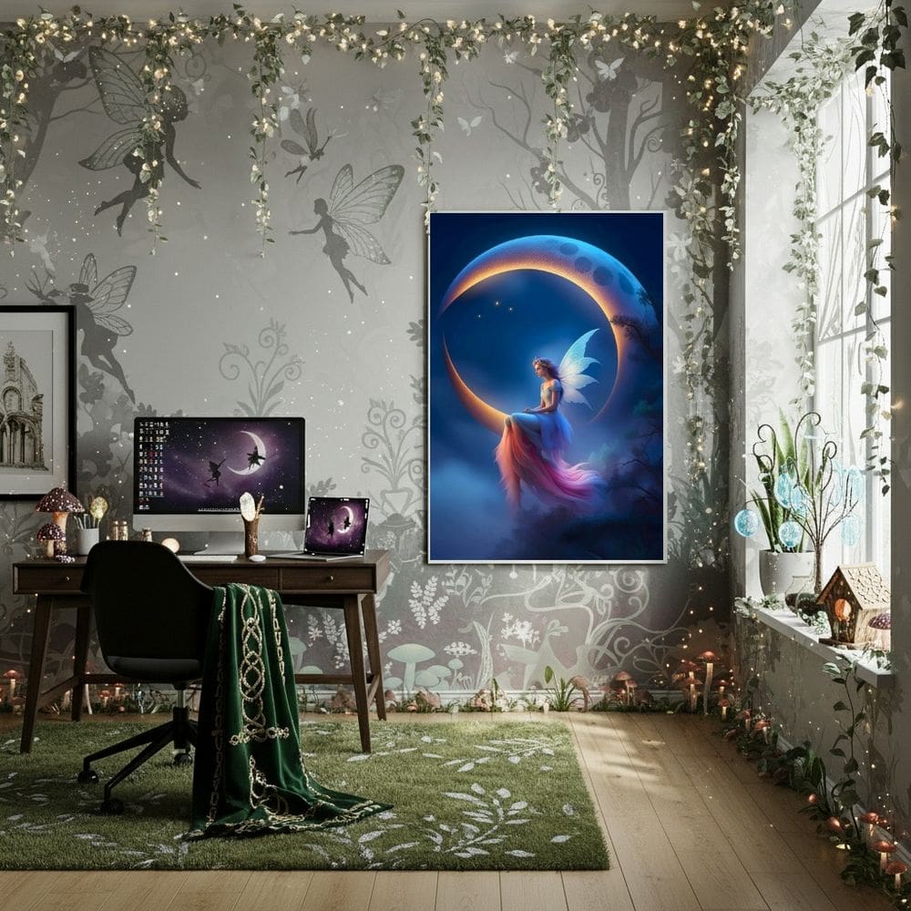 Quadro Decorativo Fada Sentada Em Uma Lua Crescente -70x50cm