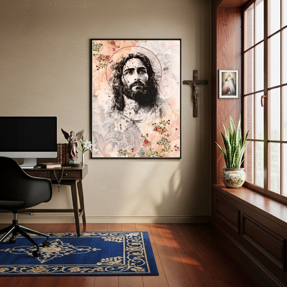 Quadro Decorativo Jesus Cristo Flores  - 70x50cm