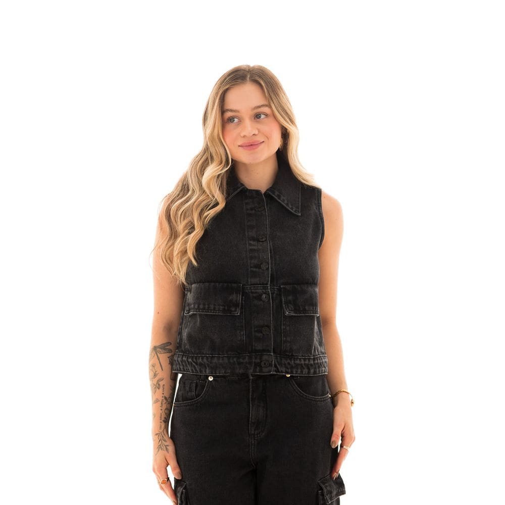 Colete Jeans Feminino Arauto Utilitário Black