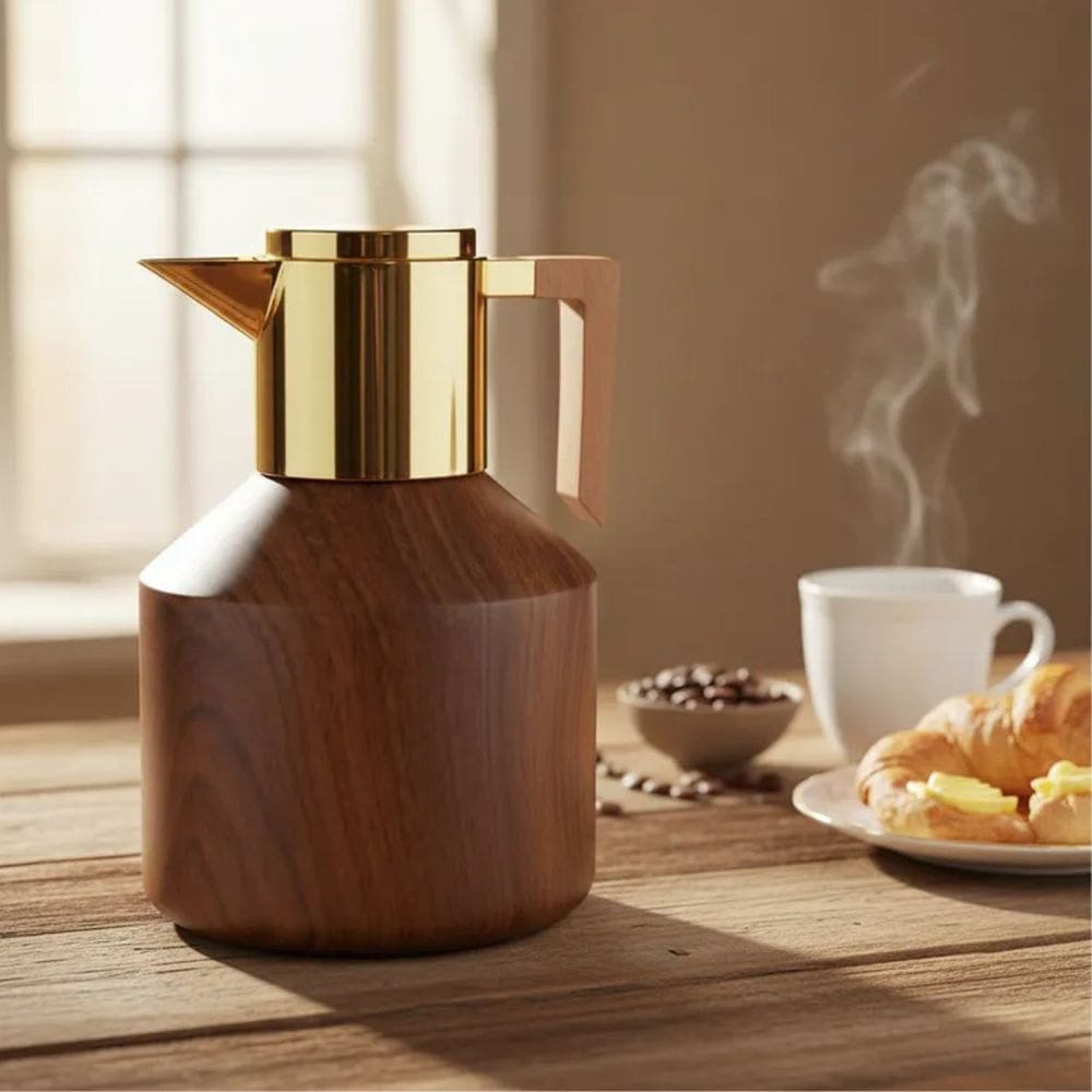 Garrafa Térmica Para Café Chá 1lt. Madeira Escura Bico Dourado