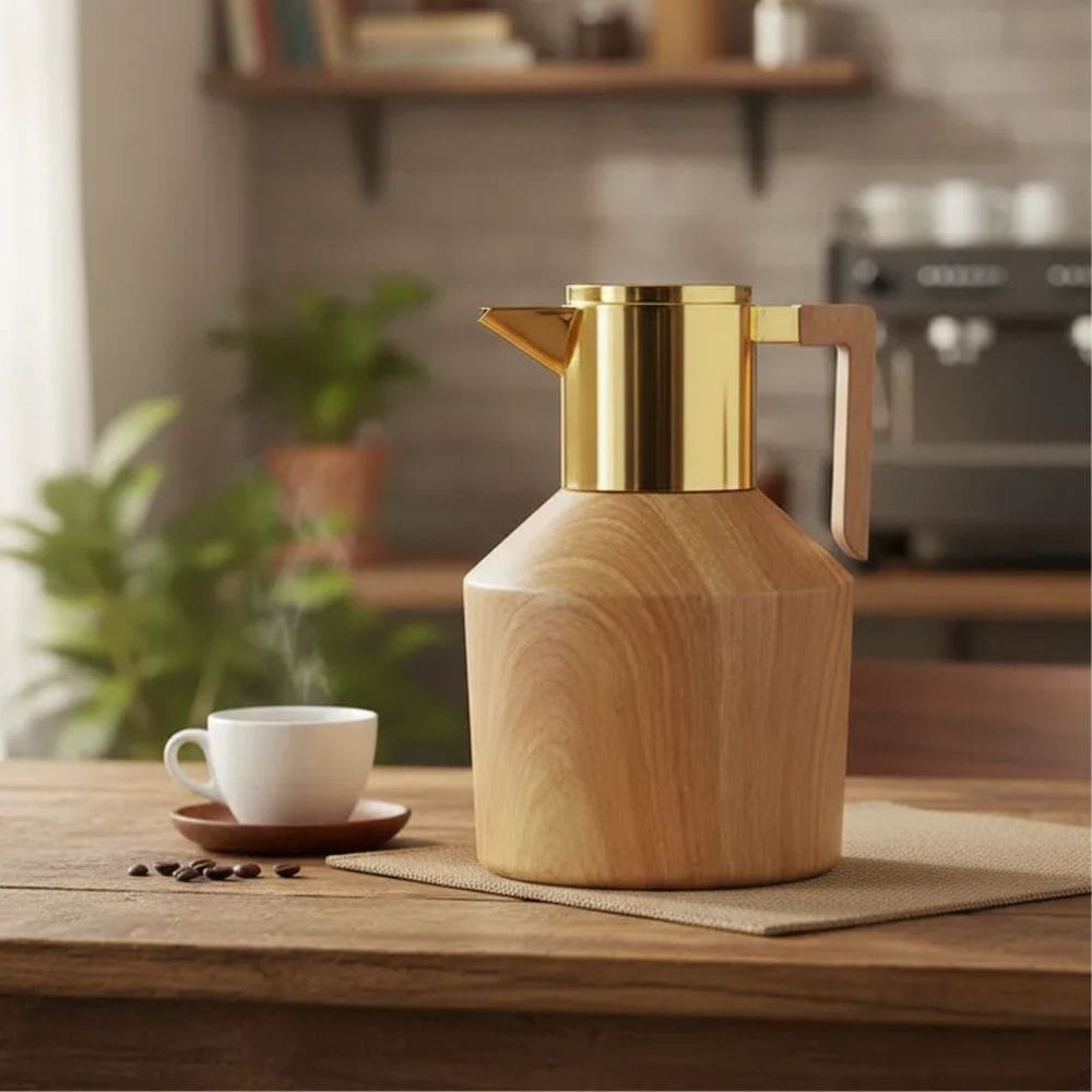 Garrafa Térmica Para Café Chá 1lt. Madeira Clara Bico Dourado