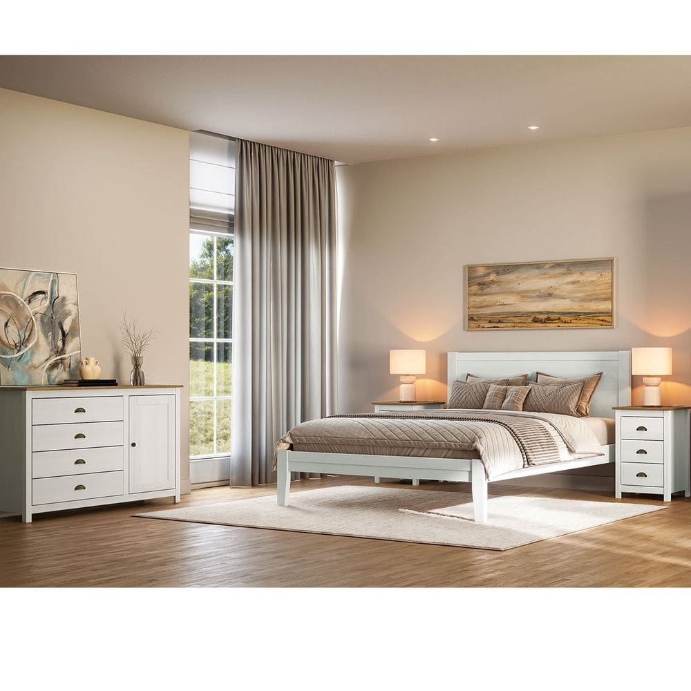Conjunto Quarto Topázio Branco: Cama Casal, Cômoda Sapateira e 2 Mesas de Cabeceiras Madeira Pinus
