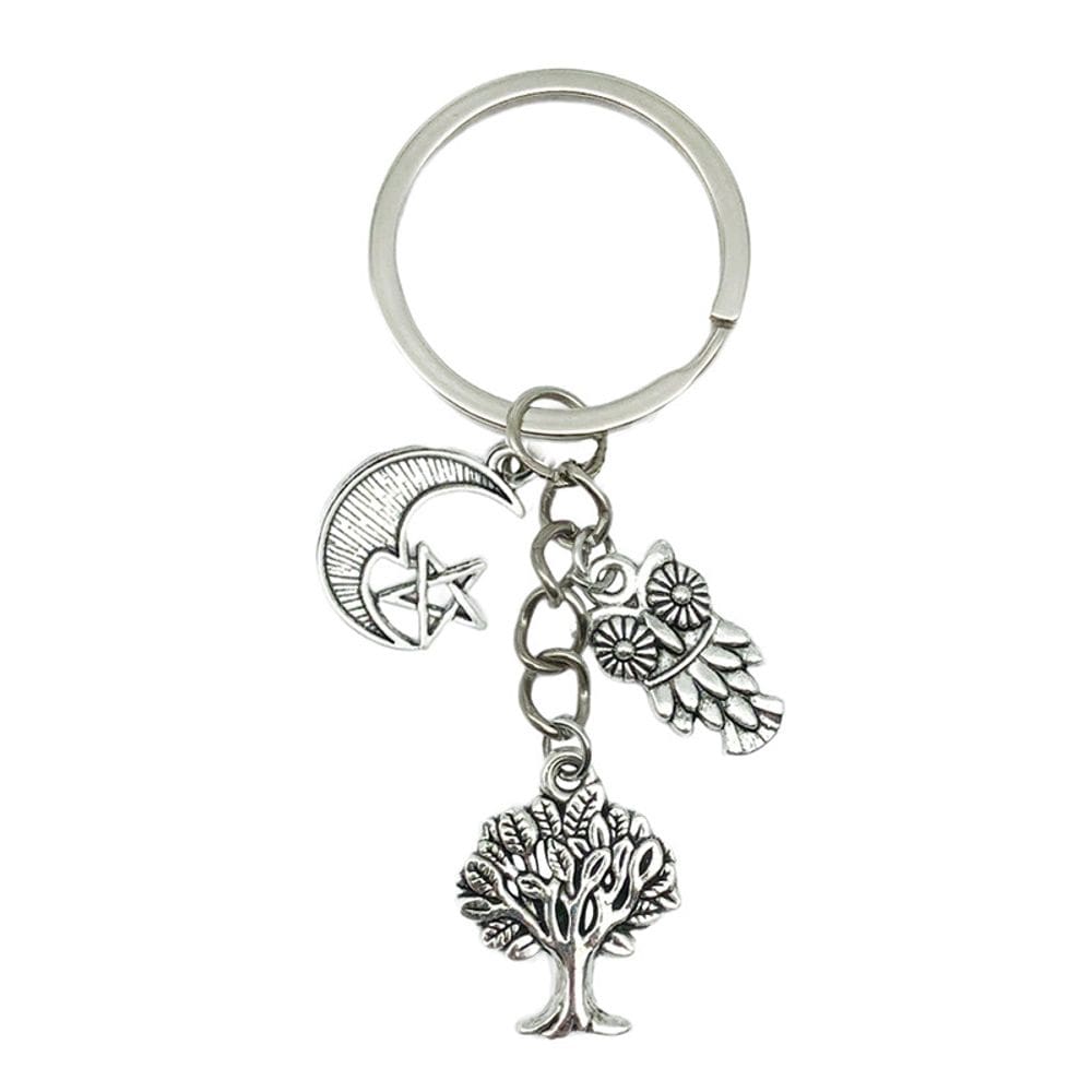 Chaveiro Vintage Silver Life Tree, Lua, Estrela, Coruja