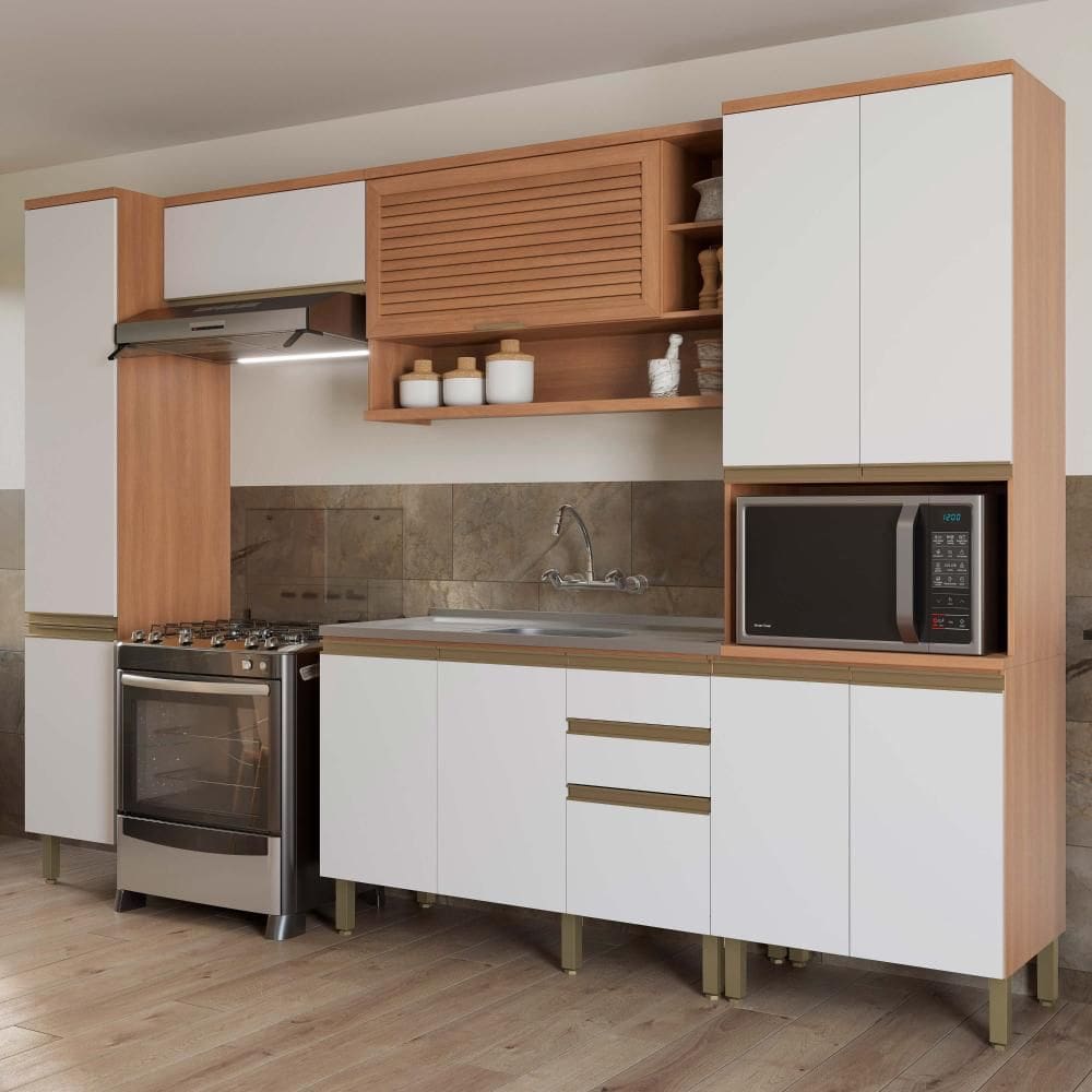 Cozinha Completa Telasul Macadâmia Com Balcão de Pia Freijó com Branco