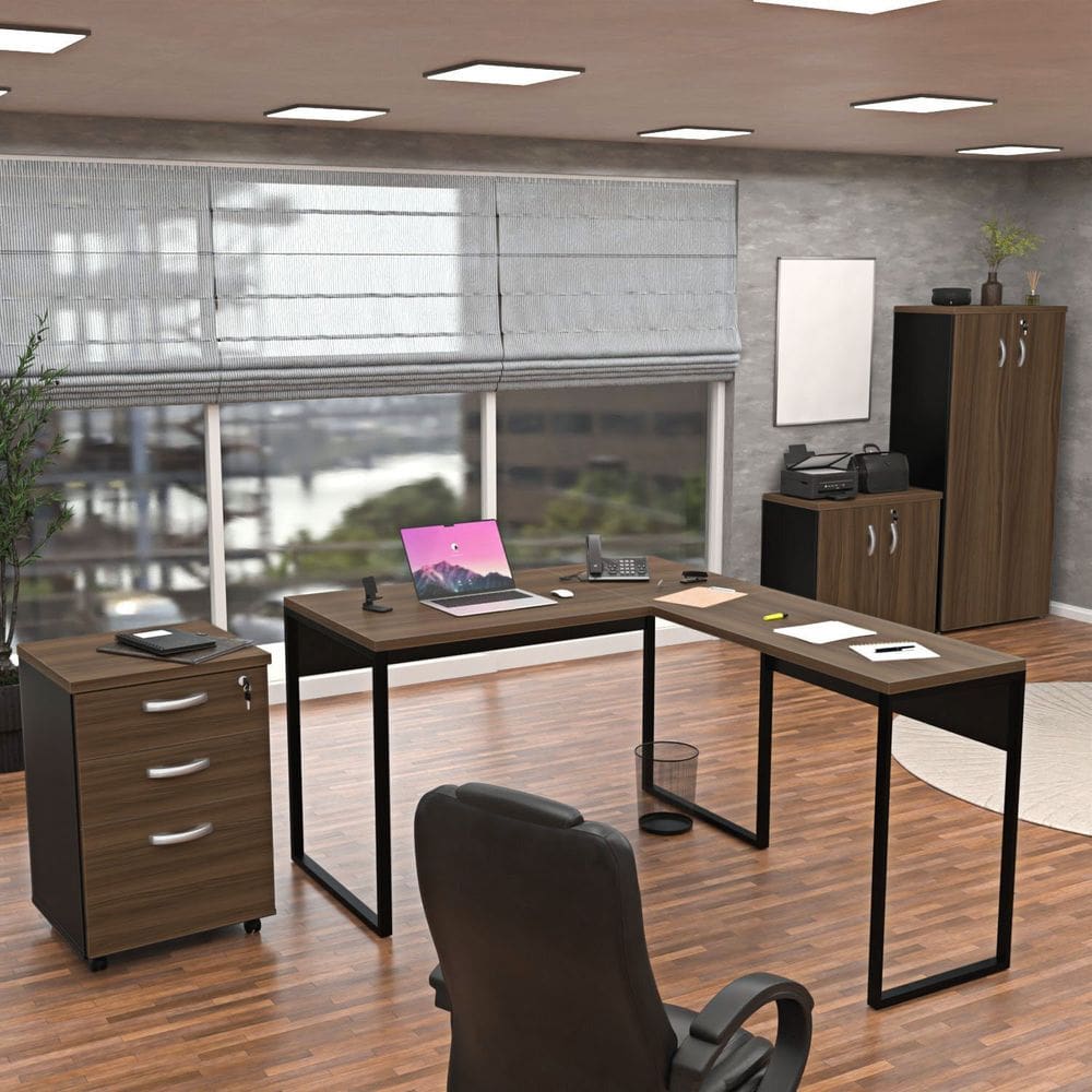 Conjunto 4 Peças para Escritório com Escrivaninha em L, Armário Alto e Baixo e Gaveteiro Industrial