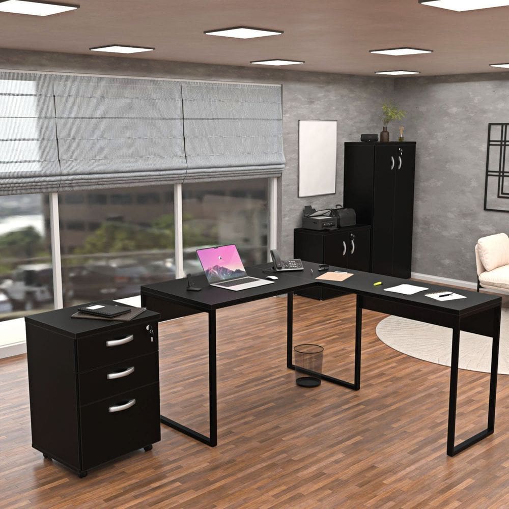 Conjunto 4 Peças para Escritório com Escrivaninha em L, Armário Alto e Baixo e Gaveteiro Industrial