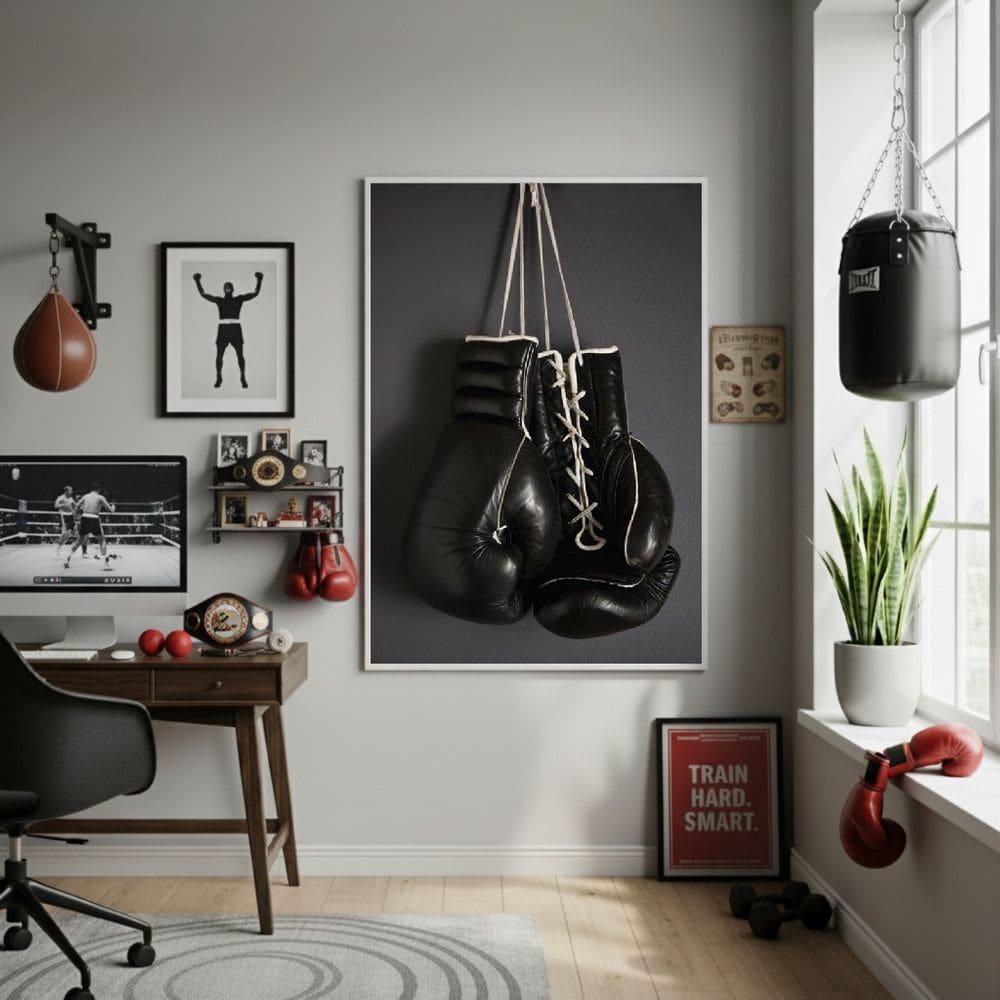 Quadro Decorativo Luvas Pretas De Boxe-70x50cm Mold Preta