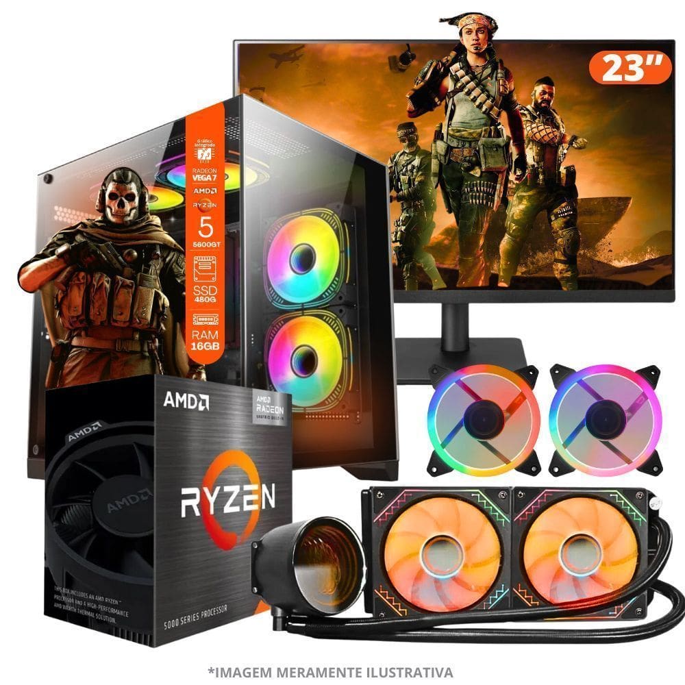 PC Gamer AMD Ryzen 5 5600GT 16GB RAM Placa de video Radeon Vega 7 SSD 480GB Fonte 550W Gabinete Aquário Water Cooler + Monitor 23” LED 75hz