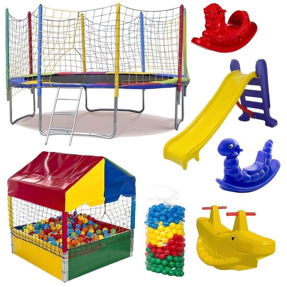 Kit Pula Pula 3,05m + Piscina De Bolinhas 1m + 500 Bolinhas + Escorrega Médio + 2 Gangorra 1l + 1 G2