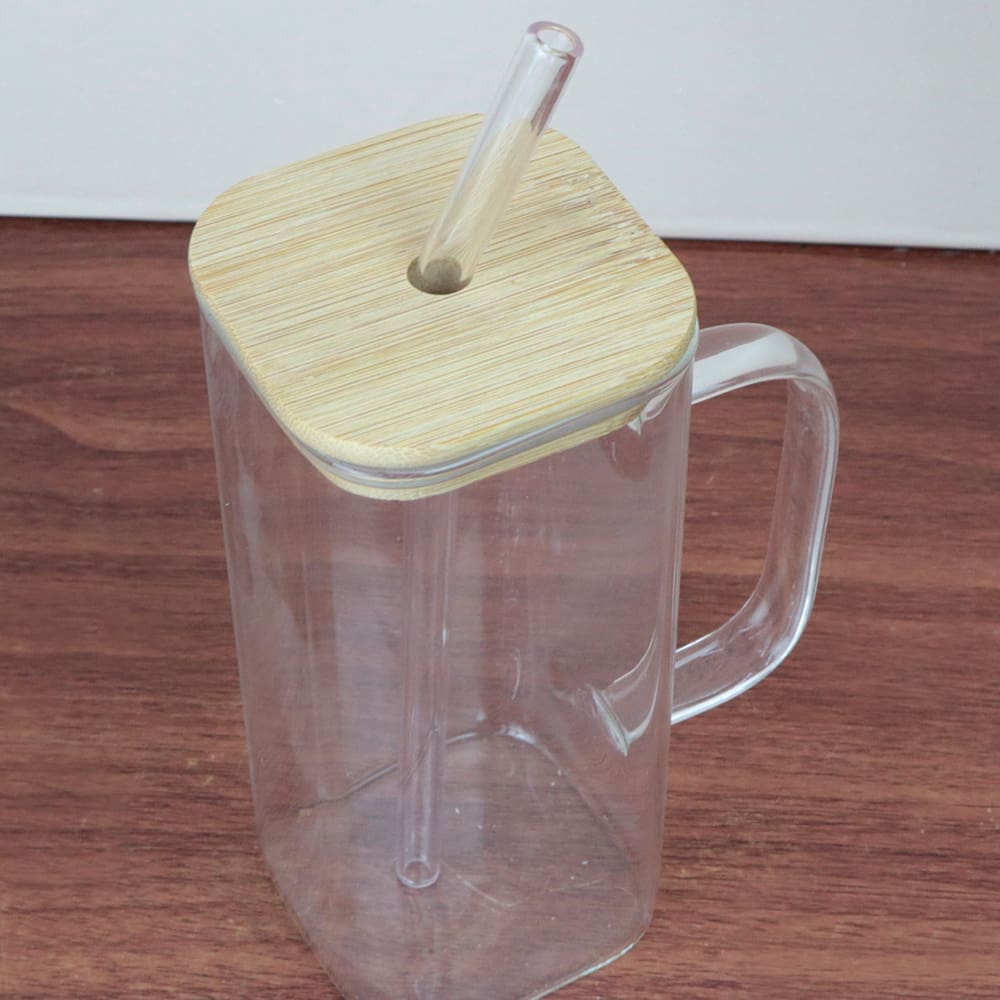 Caneca de Vidro com Canudo 350ml Tampa de Bambu Design Quadrado