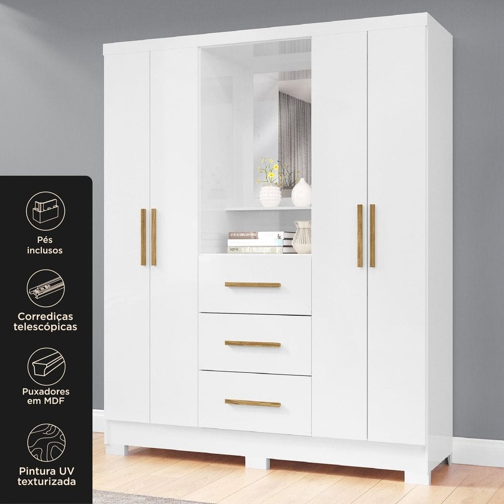 Guarda Roupa Capella 4 Portas 3 Gaveta Branco Neve/ Branco Neve
