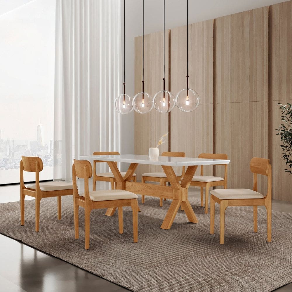 Conjunto de Mesa de Jantar Bellini Tampo 180cm Laqueado Canto Moeda 6 Cadeiras Bellini Veludo Bege / Imbuia Natural / Cinamomo Imbuia/ La