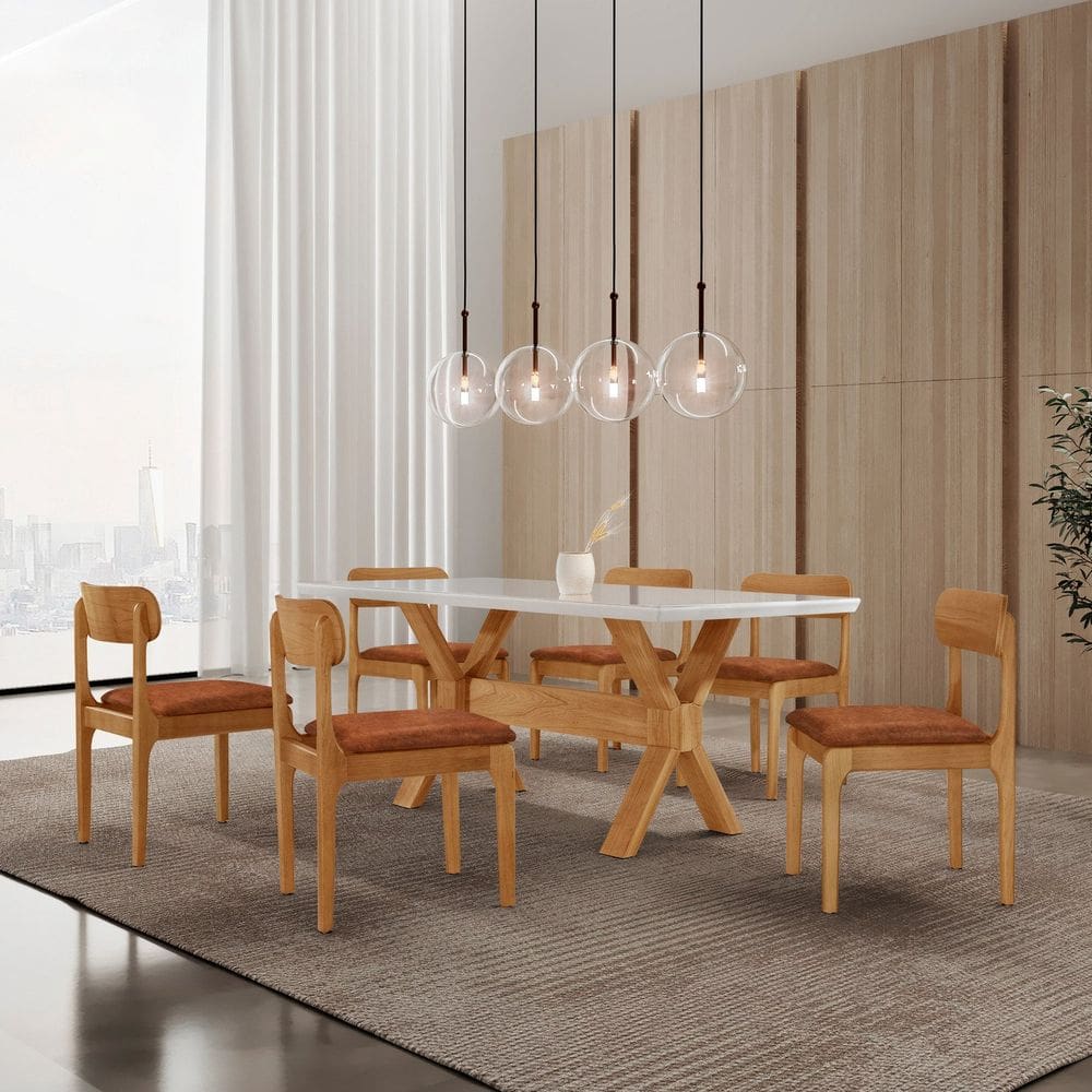 Conjunto de Mesa de Jantar Bellini Tampo 180cm Laqueado Canto Moeda 6 Cadeiras Bellini Star Puce/ Imbuia Natural / Cinamomo Imbuia/ Laque