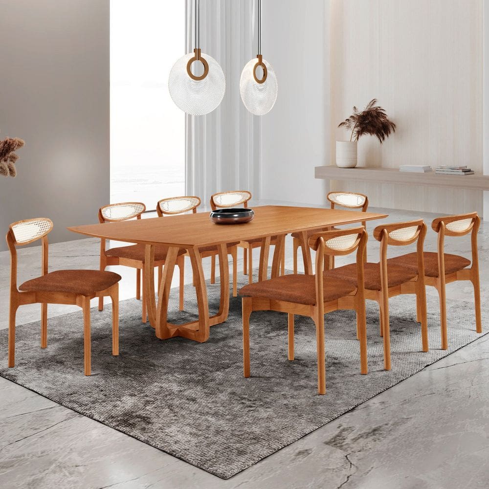 Conjunto Mesa de Jantar Tampo 240cm Barril Laminado Ello e 8 Cadeiras Mônaco Premium Cinamomo/Marrom