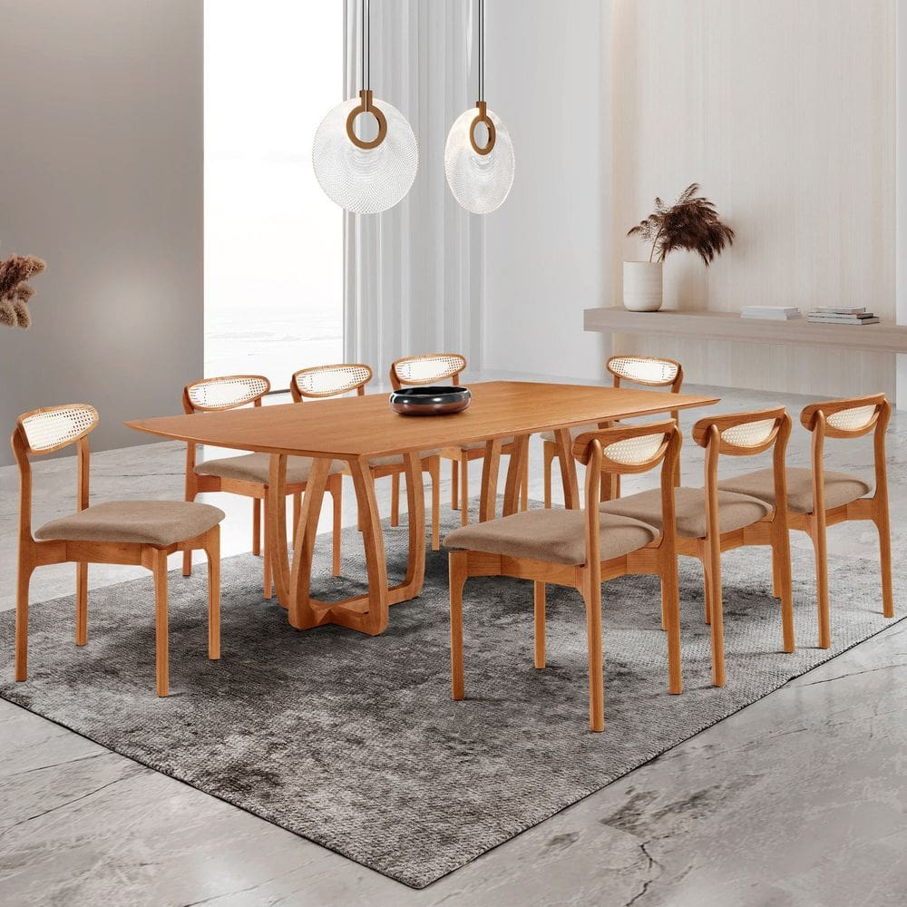 Conjunto de Mesa de Jantar Ello Tampo 240cm Barril Laminado e 8 Cadeiras Mônaco Premium Atacama / Imbuia Natural / Cinamomo Imbuia